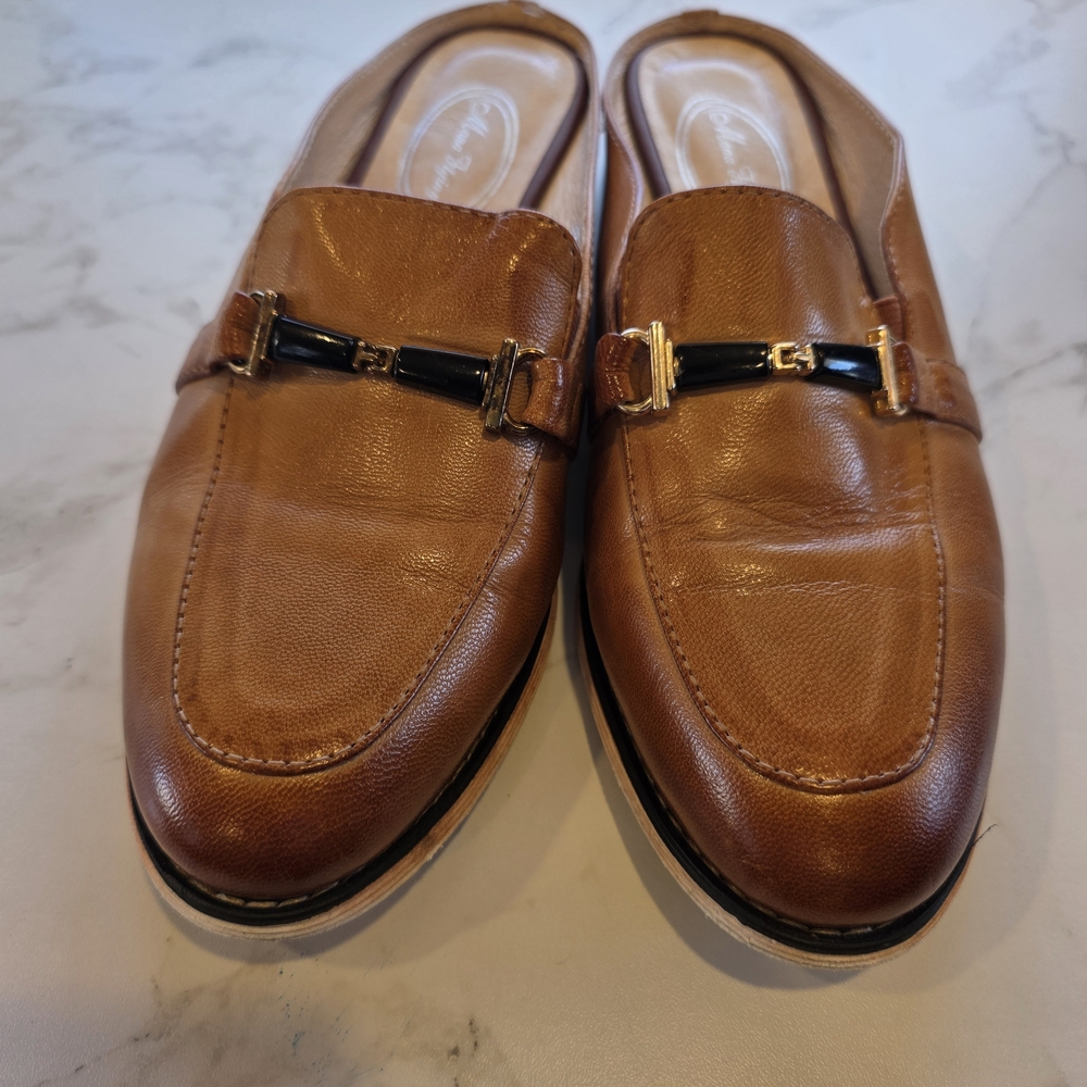 Women's Tan Leather Backless Mules with Black and Gold Bit Detail
